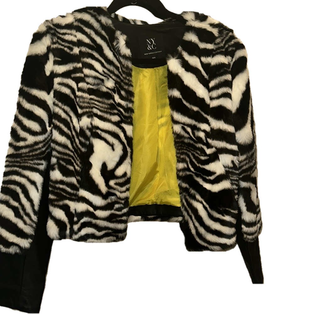 New York and Company x Gabrielle Union Zebra Print Faux Fur Bomber Jacket